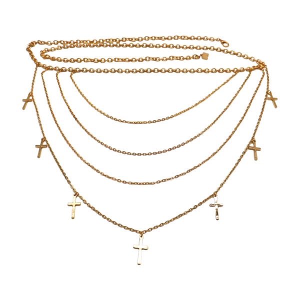Brand New Women Gold Metal Chain Links Waves Belt Cross Charms S M L