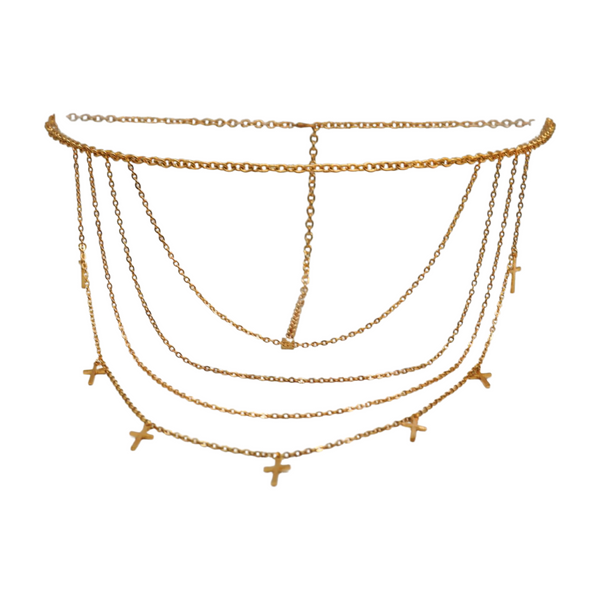 Brand New Women Gold Metal Chain Links Waves Belt Cross Charms S M L