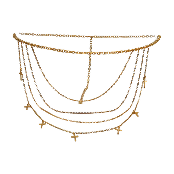Brand New Women Gold Metal Chain Links Waves Belt Cross Charms S M L