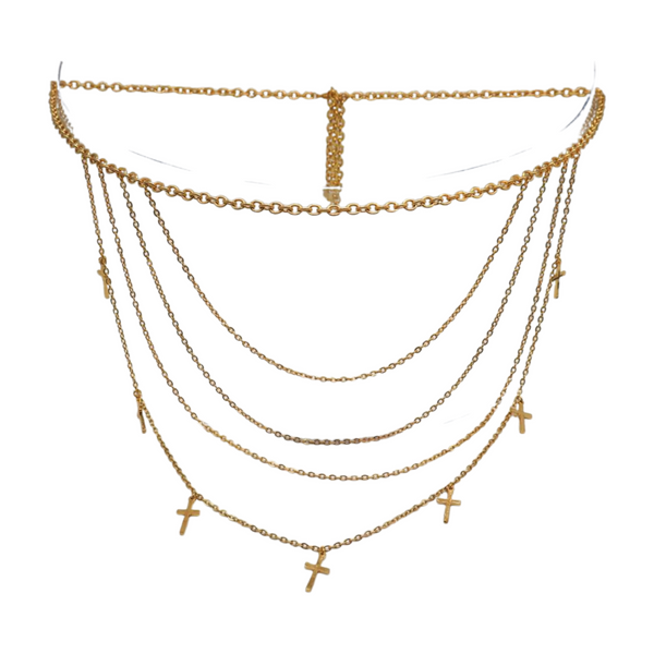 Brand New Women Gold Metal Chain Links Waves Belt Cross Charms S M L