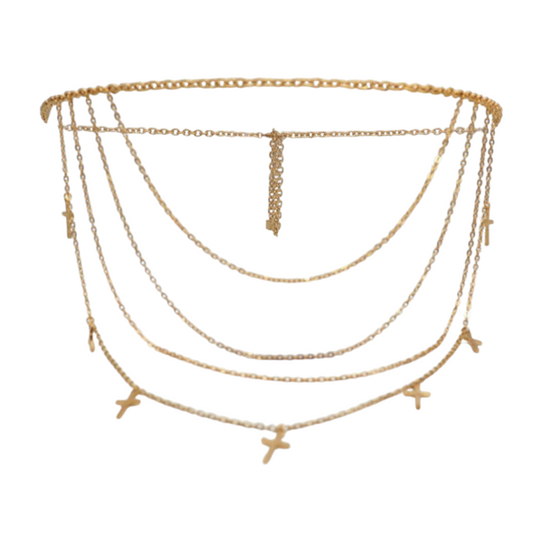Brand New Women Gold Metal Chain Links Waves Belt Cross Charms S M L