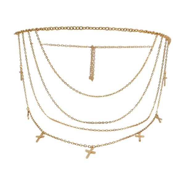 Brand New Women Gold Metal Chain Links Waves Belt Cross Charms S M L