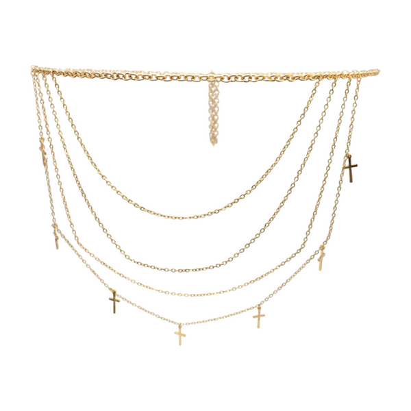 Brand New Women Gold Metal Chain Links Waves Belt Cross Charms S M L