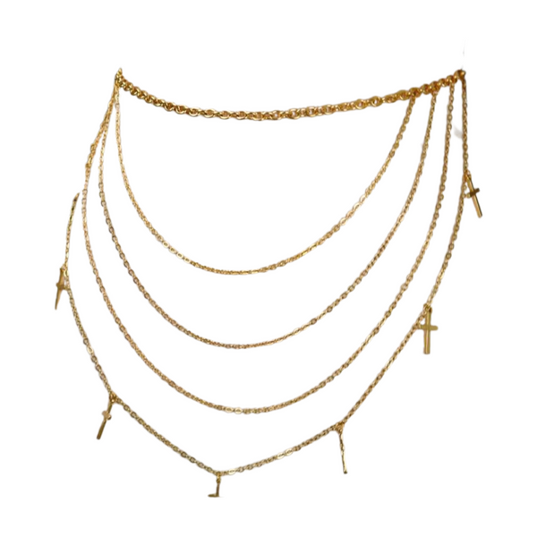 Brand New Women Gold Metal Chain Links Waves Belt Cross Charms S M L