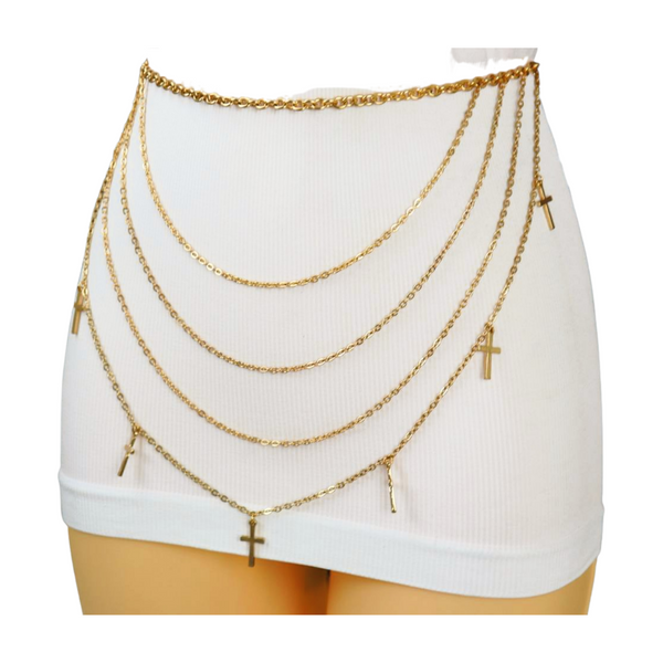 Brand New Women Gold Metal Chain Links Waves Belt Cross Charms S M L