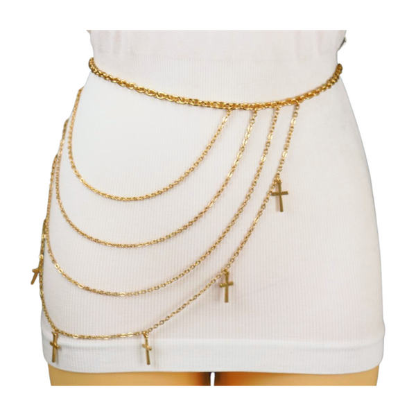 Brand New Women Gold Metal Chain Links Waves Belt Cross Charms S M L