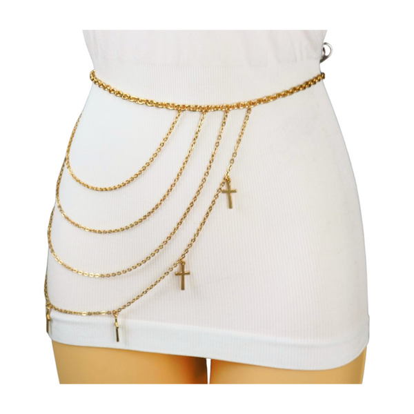 Brand New Women Gold Metal Chain Links Waves Belt Cross Charms S M L