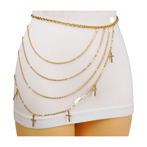 Brand New Women Gold Metal Chain Links Waves Belt Cross Charms S M L