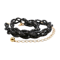 Women Black Mesh Braided Belt Silver Beads Gold Chain S M