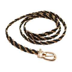 Black Skinny Braided Belt High Waist Gold Metal Chain Fit Size S M