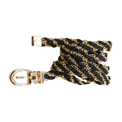 Black Skinny Braided Belt High Waist Gold Metal Chain Fit Size S M
