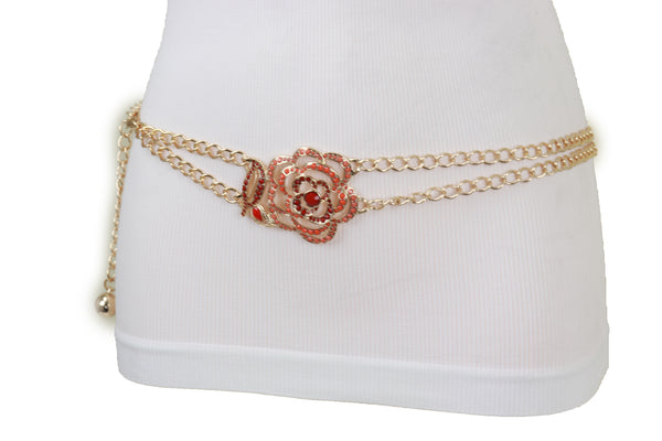 Brand New Women Gold Metal Chain Belt Hip High Waist Red Flower Charm S M