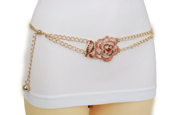Brand New Women Gold Metal Chain Belt Hip High Waist Red Flower Charm S M