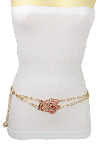 Brand New Women Gold Metal Chain Belt Hip High Waist Red Flower Charm S M