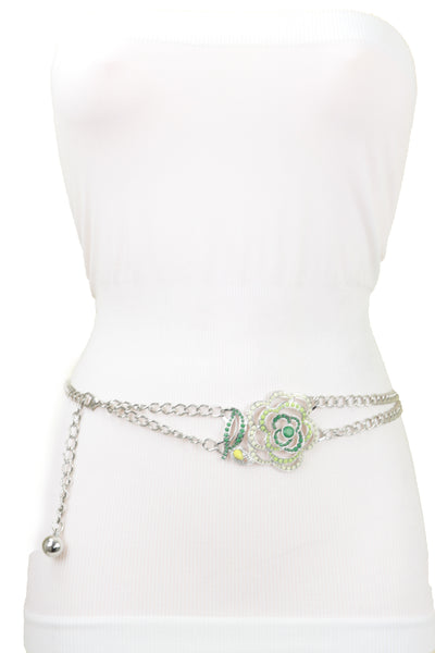 Brand New Women Silver Metal Chain F Belt Hip Waist Green Flower Charm XS S M