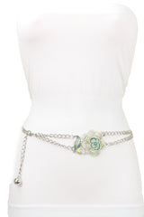 Silver Metal Chain F Belt Hip Waist Green Flower Charm XS S M