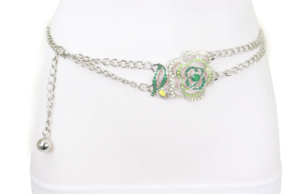 Brand New Women Silver Metal Chain F Belt Hip Waist Green Flower Charm XS S M