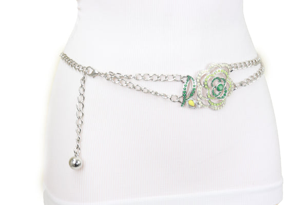 Brand New Women Silver Metal Chain F Belt Hip Waist Green Flower Charm XS S M