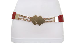 Gold Metal Squares Buckle Fashion Red Elastic Band Belt S M