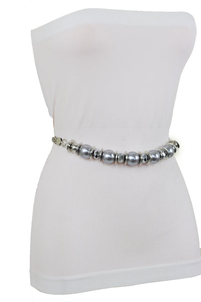 Brand New Women Silver Metal Chain Beaded Belt Gray Beads S M L