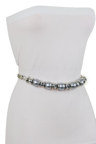 Brand New Women Silver Metal Chain Beaded Belt Gray Beads S M L