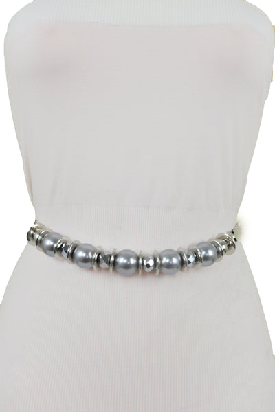 Brand New Women Silver Metal Chain Beaded Belt Gray Beads S M L
