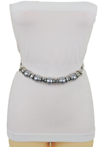 Brand New Women Silver Metal Chain Beaded Belt Gray Beads S M L