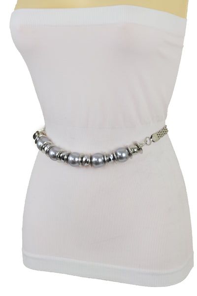 Brand New Women Silver Metal Chain Beaded Belt Gray Beads S M L
