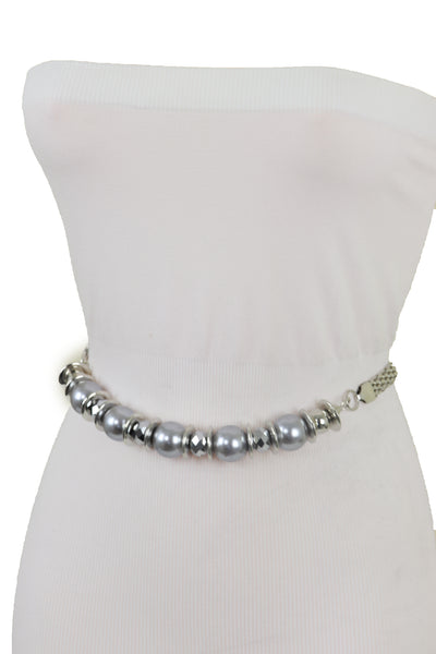 Brand New Women Silver Metal Chain Beaded Belt Gray Beads S M L