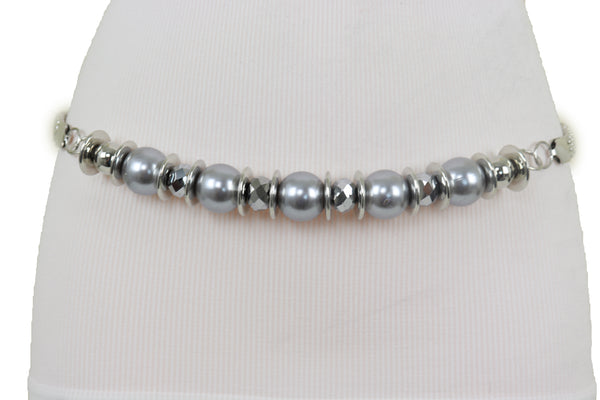 Brand New Women Silver Metal Chain Beaded Belt Gray Beads S M L