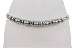 Silver Metal Chain Beaded Belt Gray Beads S M L