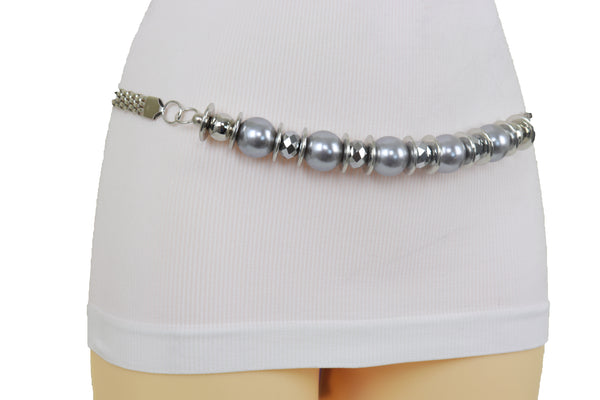 Brand New Women Silver Metal Chain Beaded Belt Gray Beads S M L