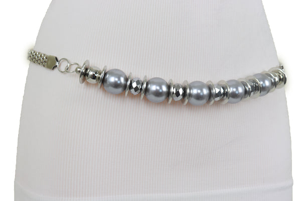 Brand New Women Silver Metal Chain Beaded Belt Gray Beads S M L