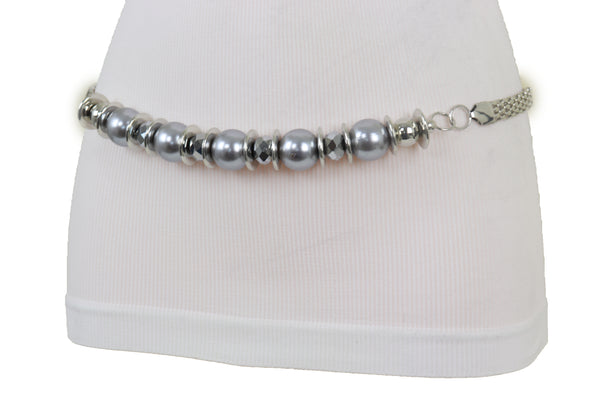 Brand New Women Silver Metal Chain Beaded Belt Gray Beads S M L