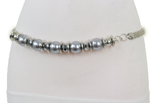Brand New Women Silver Metal Chain Beaded Belt Gray Beads S M L