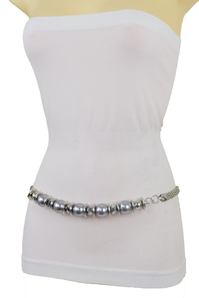 Brand New Women Silver Metal Chain Beaded Belt Gray Beads S M L