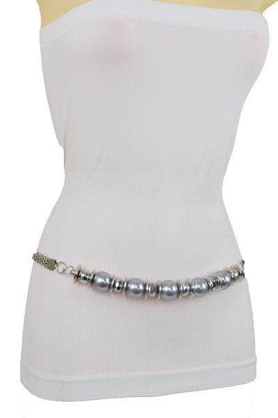 Brand New Women Silver Metal Chain Beaded Belt Gray Beads S M L