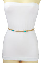 Gold Metal Chain Belt Turquoise Blue Beads S M L