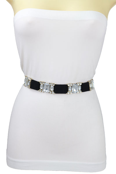 Brand New Women Black Elastic Belt Silver Bling Gold Metal Buckle S M