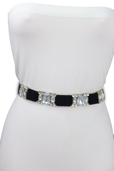 Brand New Women Black Elastic Belt Silver Bling Gold Metal Buckle S M