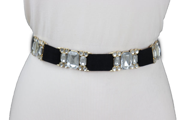 Brand New Women Black Elastic Belt Silver Bling Gold Metal Buckle S M