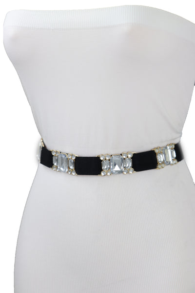 Brand New Women Black Elastic Belt Silver Bling Gold Metal Buckle S M