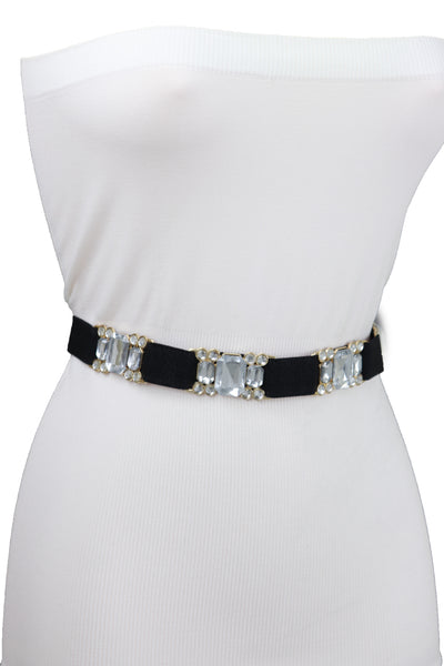 Brand New Women Black Elastic Belt Silver Bling Gold Metal Buckle S M