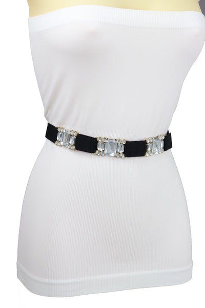 Brand New Women Black Elastic Belt Silver Bling Gold Metal Buckle S M