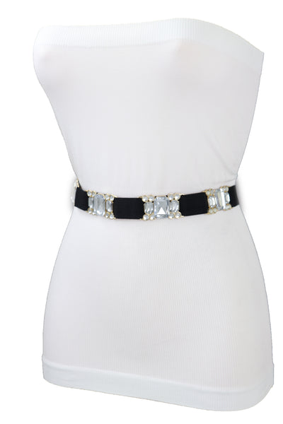 Brand New Women Black Elastic Belt Silver Bling Gold Metal Buckle S M