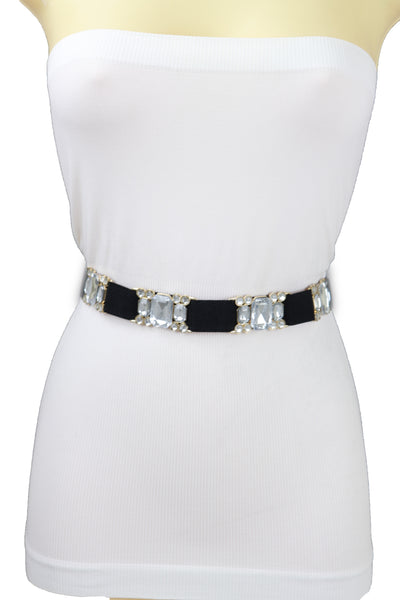 Brand New Women Black Elastic Belt Silver Bling Gold Metal Buckle S M