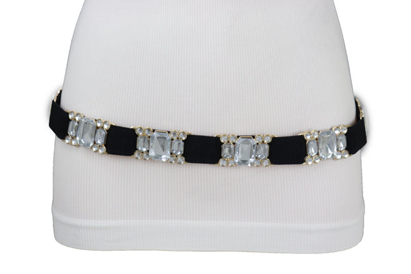 Brand New Women Black Elastic Belt Silver Bling Gold Metal Buckle S M