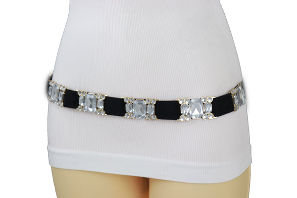 Brand New Women Black Elastic Belt Silver Bling Gold Metal Buckle S M