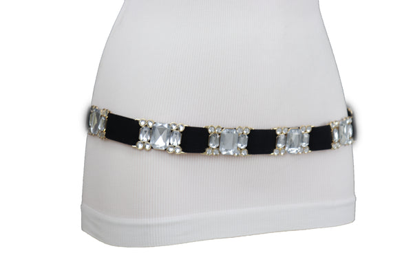 Brand New Women Black Elastic Belt Silver Bling Gold Metal Buckle S M