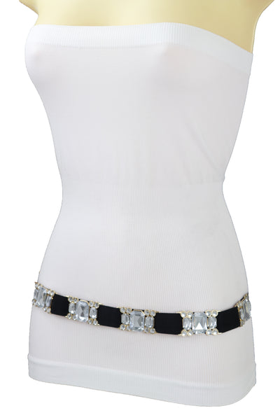 Brand New Women Black Elastic Belt Silver Bling Gold Metal Buckle S M